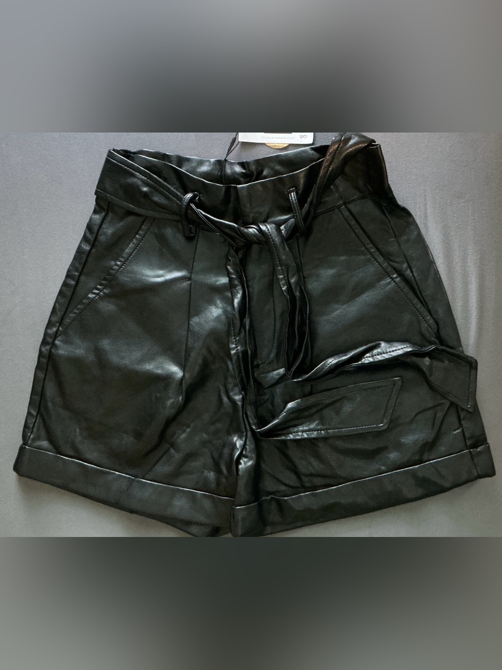 High-Waist Faux Leather Black Shorts with Tie Belt